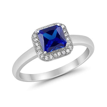 Classic Wedding Ring Princess Cut Simulated Blue Sapphire CZ 925 Sterling Silver